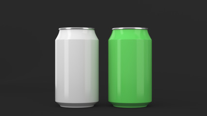 Two small white and green aluminum soda cans mockup on black background