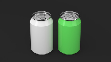Two small white and green aluminum soda cans mockup on black background