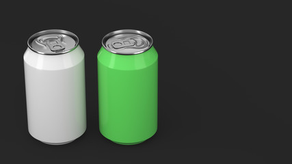 Two small white and green aluminum soda cans mockup on black background