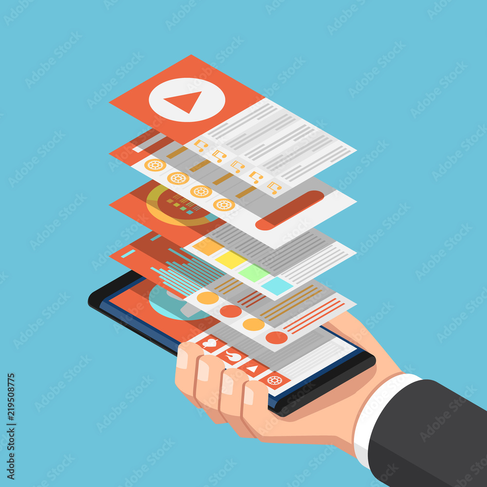 Wall mural isometric businessman hand holding smartphone with mobile application interface layer