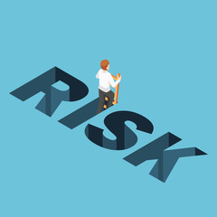 Isometric businessman climbing up from risk hole