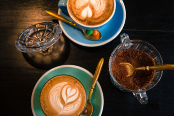 Tasty breakfast set up lay flat on wooden surface