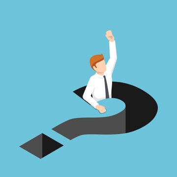 Isometric businessman falling into question mark hole