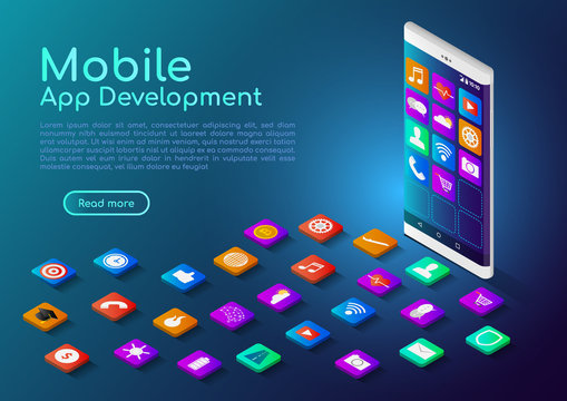 Isometric web banner smartphone with mobile app icon