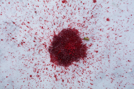 Lots of red blood on white snow in Finland. Next to the blood there is a 9mm gun empty cartridge.