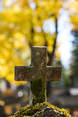 Old mossy stone cross in Finland. In the background out of focus yellow tree.