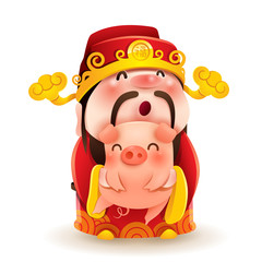 Chinese God of Wealth and Little Pig. Chinese New Year. The year of the pig.