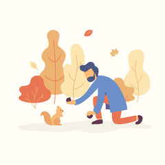Man feeding a squirrel in the park with fall mood. Orange and yellow trees, falling leaves are on the background. Autumn concept Vector flat illustration.