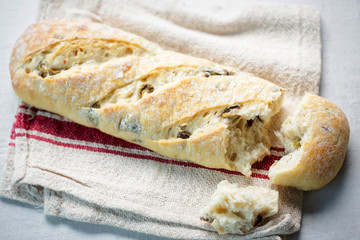 Ciabatta bread with green olives 