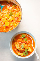 One pot vegetable - cauliflower, courgette, tomatoes, carrots, fennel soup 