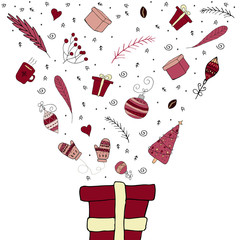 A gift box, from which many New Year's things fly out. Christmas concept. Vector.