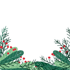 Christmas frame in hand drawn style. Fir branches and berries on a transparent background. Holiday template for design. Vector.