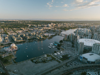 Aerial Drone Shot of Vancouver Harbour at Sunset Beautiful Cityscape
