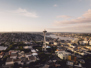 Aerial Drone Shot Seattle Space Needle Washington City