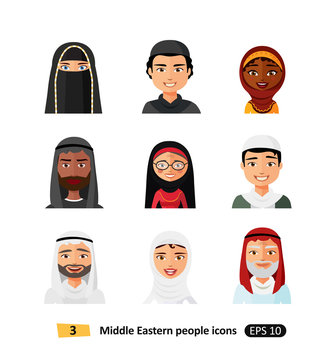 Muslim arab people avatars characters icons set in flat style isolated different arabic ethnic man and woman users faces 