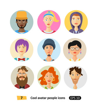 Male and female faces avatars icons  flat cool modern style vector set 