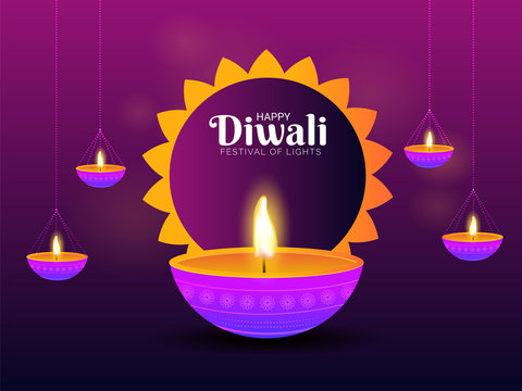 Illuminated oil lamps on shiny purple background for Happy Diwali festival celebration concept.