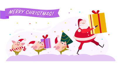 Vector flat Merry Christmas illustration with Santa Claus and cute pig elf walking with present gift box, decorated fir tree and candy lollipop isolated on white background. Web banner, advertisement.