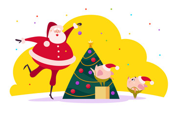 Vector flat Merry Christmas illustration with Santa Claus and two cute pig elf companions decorating New Year fir tree isolated on yellow background. Web banner, advertisement, card, print design.