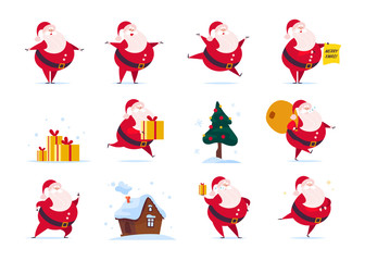 Vector set of flat funny Santa Claus character isolated on white background - stand, carry presents bag, hold gift box, jump, walk, smile. Fir tree, gingerbread house. Card, banner, web, animation etc