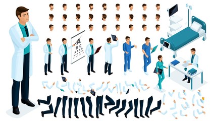 Isometric Constructor of a doctor, surgeon with a set of gestures and emotions. Create your character. A large set of accessories for the hospital