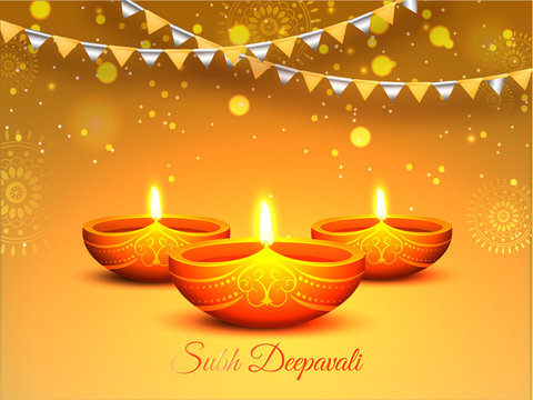 Realistic lit lamps on shiny golden background decorated with party flags for Shubh (auspicious) Deepawali.