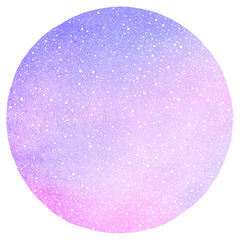 Winter watercolor round background with falling snow dots texture. Circle shape. Christmas, New Year hand drawn template with tiny specks, flecks snowflakes. Pink, lilac, violet watercolour stains.
