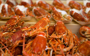 A stack of shrimp or lobster for seafood restaurant