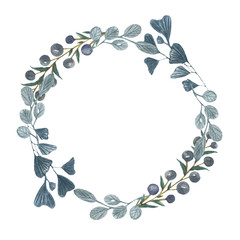 Wreath green/Hand drawn watercolor illustration. Botanical wreath of green branches and leaves. Spring mood. Floral Design elements. 