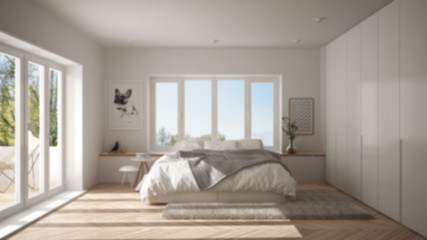 Fototapeta na wymiar Blur background interior design, scandinavian white and green minimalist bedroom with panoramic window, fur carpet and herringbone parquet