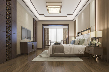 Naklejka na ściany i meble 3d rendering beautiful luxury chinese bedroom suite in hotel with tv
