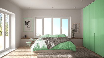 Scandinavian white and green minimalist bedroom with panoramic window, fur carpet and herringbone parquet, modern pastel architecture interior design