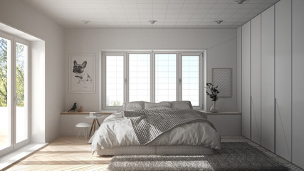 Unfinished project draft interior design, scandinavian white and green minimalist bedroom with panoramic window, fur carpet and herringbone parquet