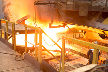 steel ladle ladle with metal on casting. metallurgy