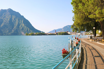 Beautiful mountain lake front at Lovere, Lake Iseo, Italy