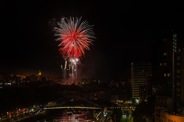 Fireworks during the festival of Aste Nagusia from La Salve bridge in Bilbao, Spain
