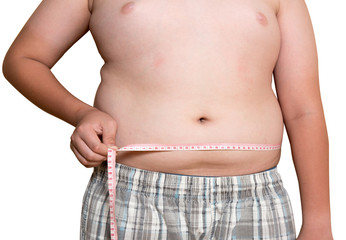 Naklejka premium Fat boy, The size of stomach of children with overweight. isolated on white background