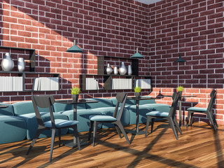 Brick stylish cafe interior, bookshelves