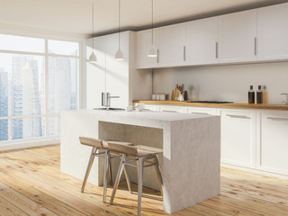 White loft kitchen corner, bar with stools