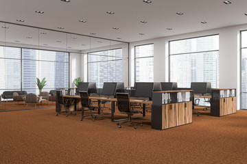 White open space office corner, brown floor