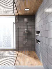 Scandinavian style gray bathroom shower front view