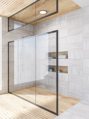 White wood bathroom corner, shower glass door