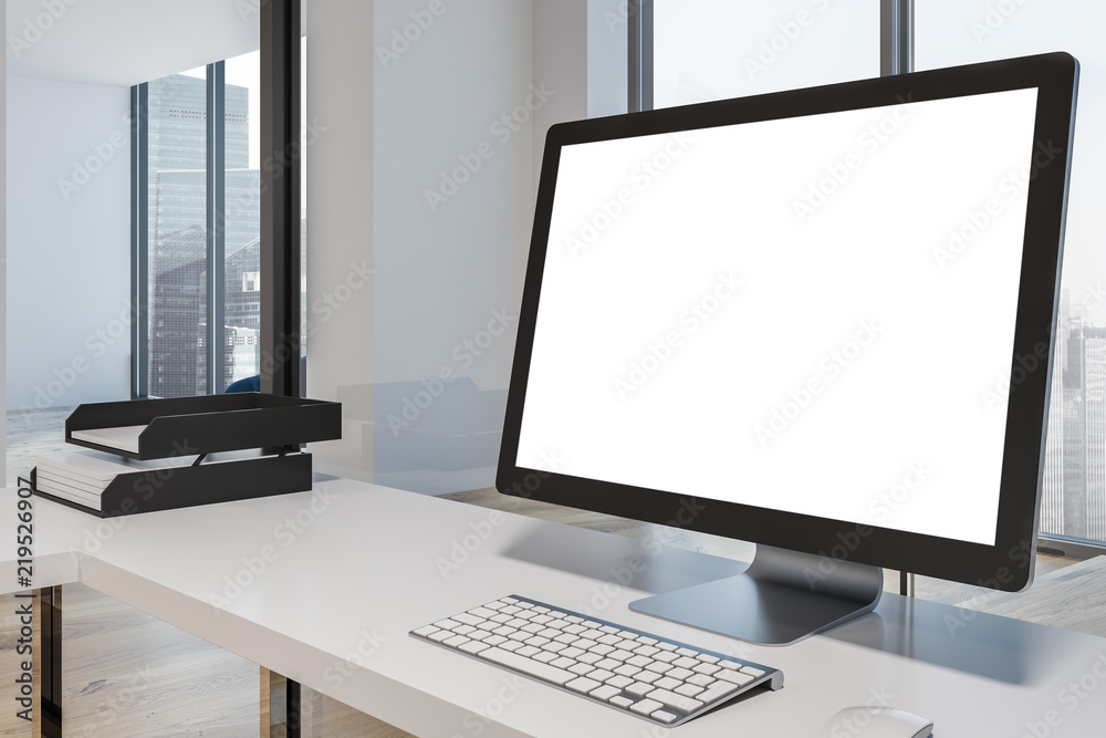 Poster side view mock up computer screen office table