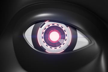 Black and red realistic robot eye close up