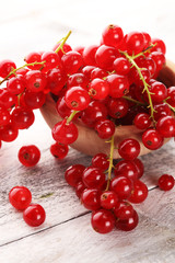 Fresh red currants on light rustic table. Healthy summer fruits