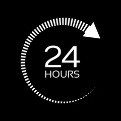 Open around the clock serving clock arrow sign. White Sign isolated on dark background. Open 24 hours a day icons.
