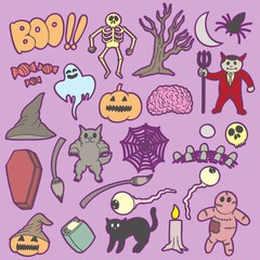 Halloween doodle, sticker, drawing, cute, colorful, violet