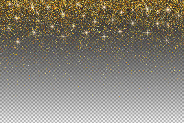 Gold glitter particles on transparent background. Lights Shine effect for your design. Gold falling particles for greeting card, invitation.