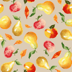 Seamless autumn pattern with apple, pear and leaves