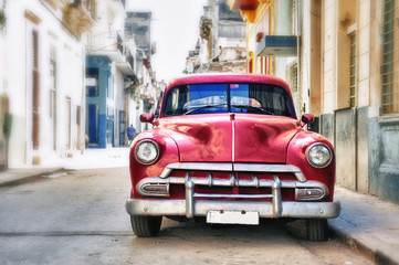 Old classic car in Habana city with blur effect